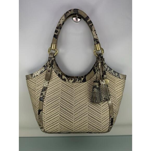 Rare Brahmin Giselle Natural Raffia Anaconda Snake Embossed Leather Woven Tote